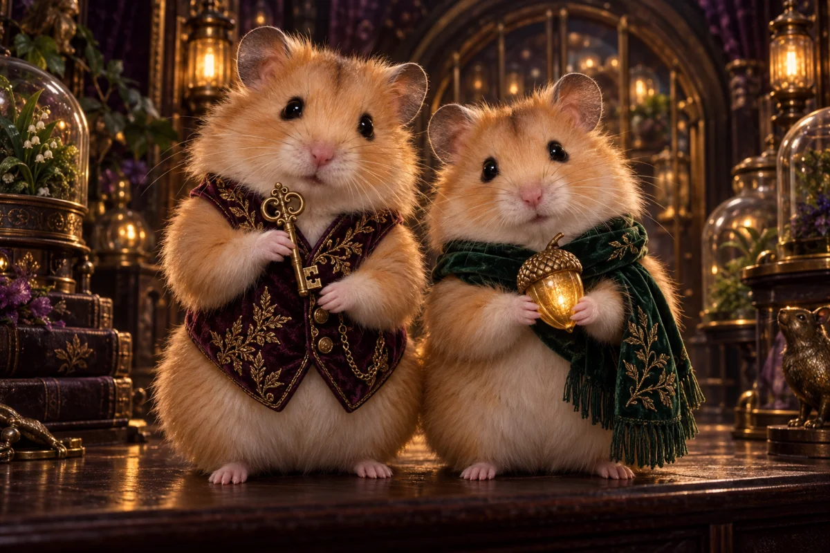 Two fluffy golden hamsters in velvet, holding a brass vault key and a glowing acorn.