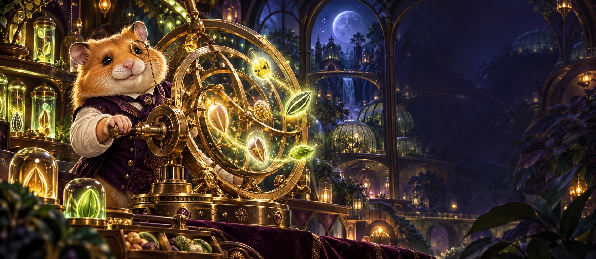 A distinguished hamster curator turns a brass seed astrolabe in a midnight conservatory.