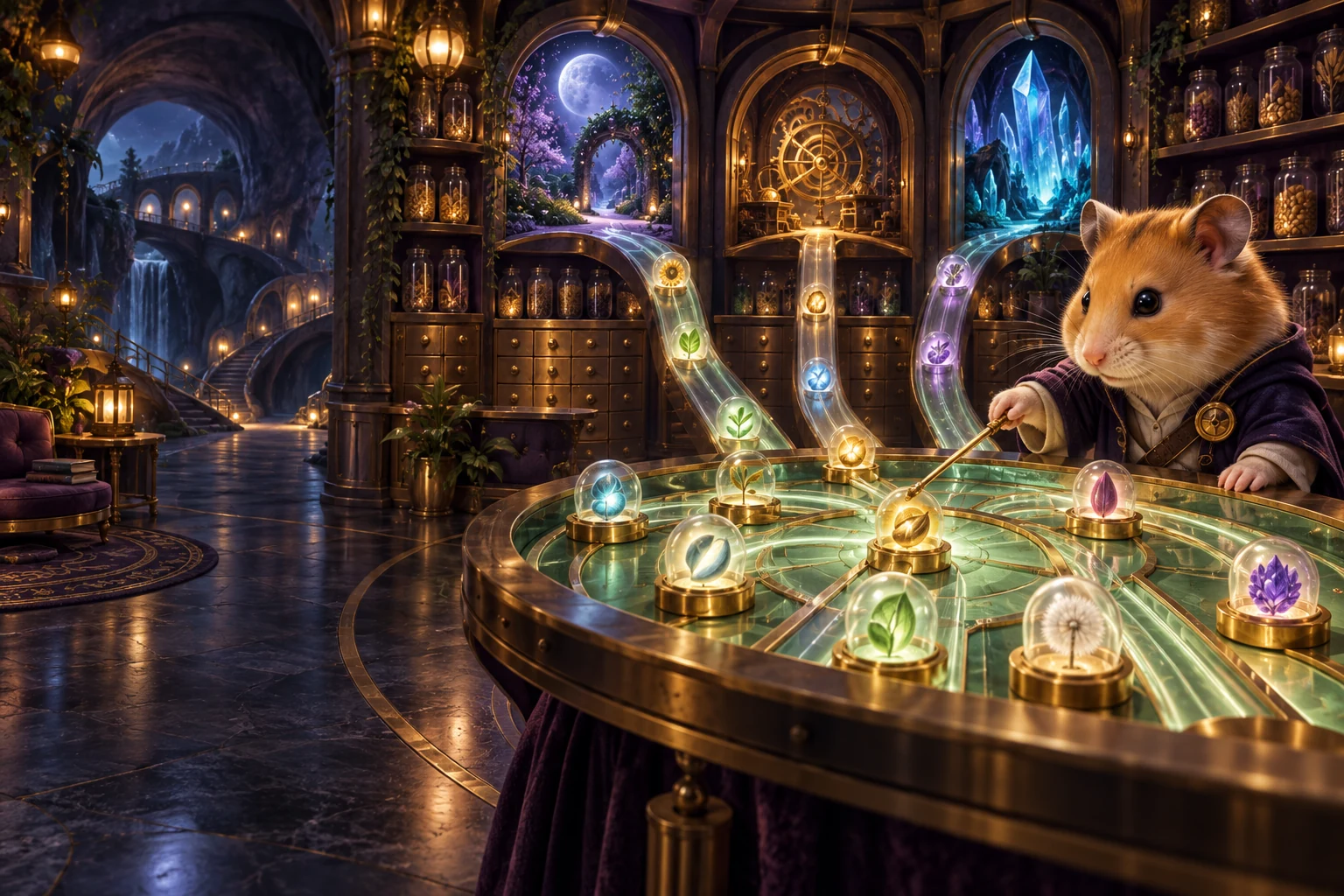 A hamster archivist catalogues glowing seeds beside doorways to fantastical game worlds.